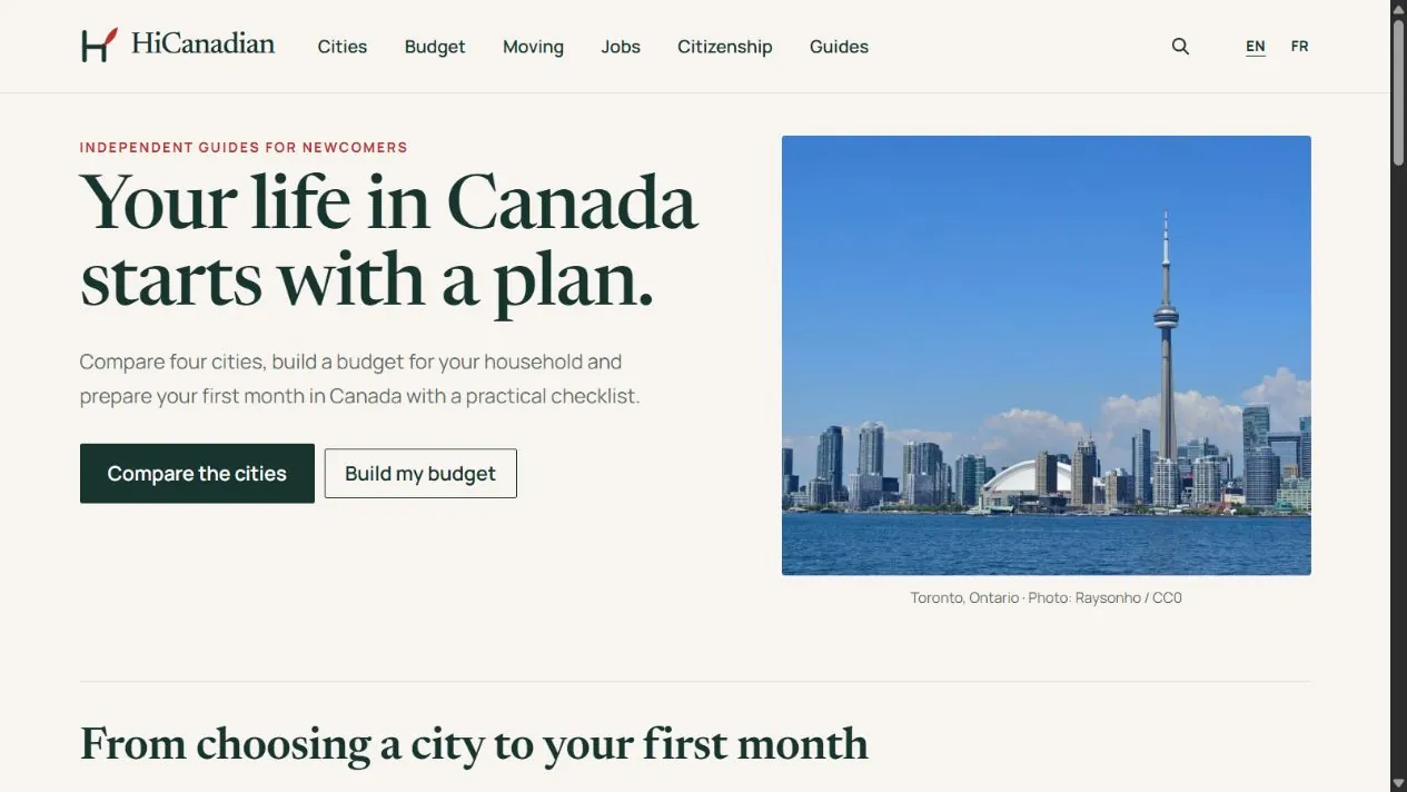 HiCanadian homepage with Canadian city guides, budget resources, and arrival planning.