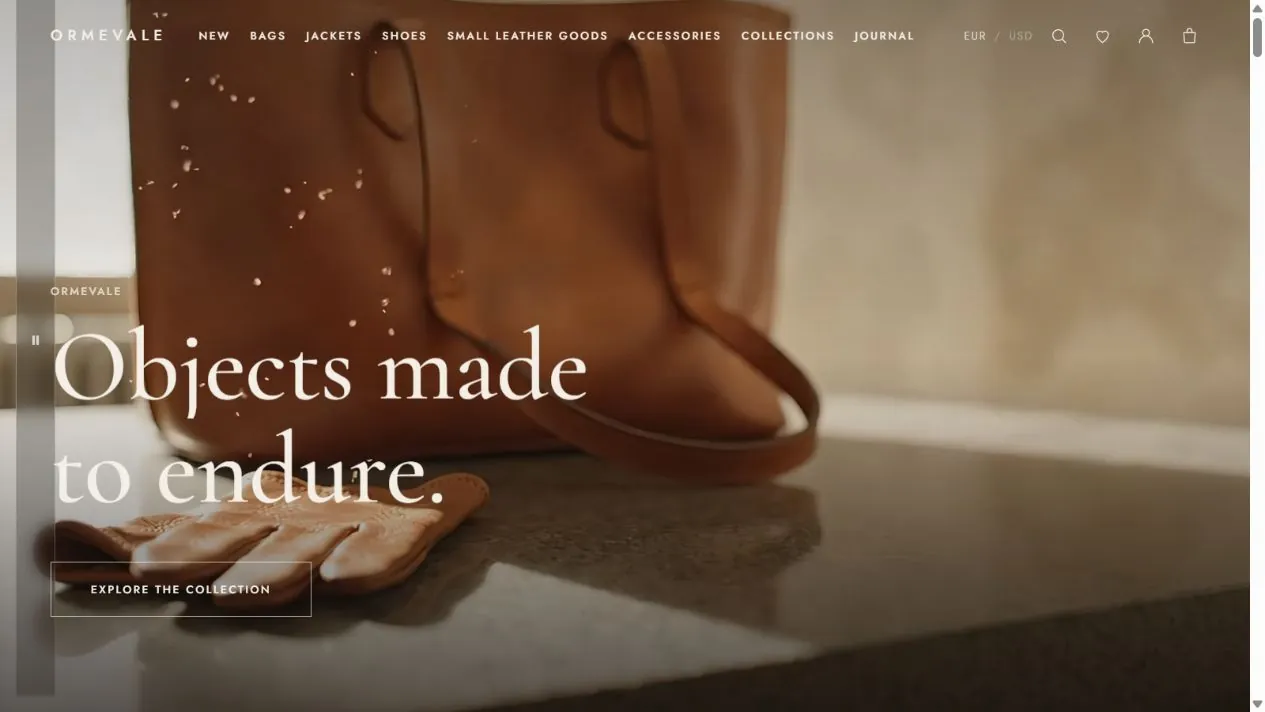 Ormevale storefront presenting leather goods and product collections.