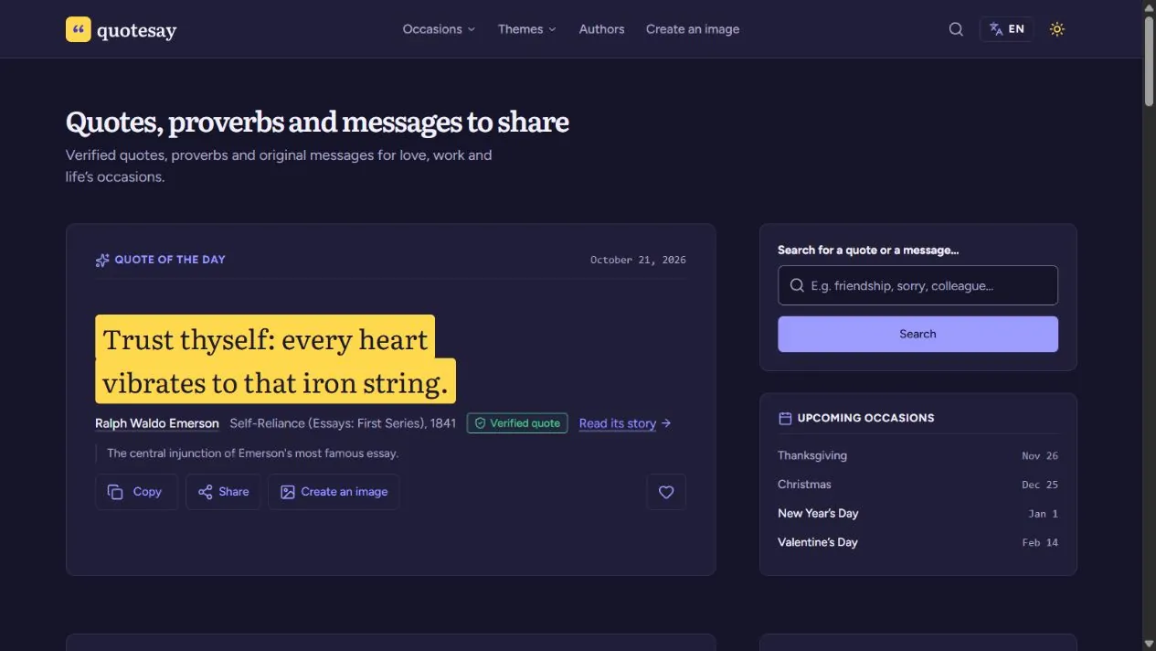 QuoteSay homepage presenting quotations, topics, authors, and occasion messages.