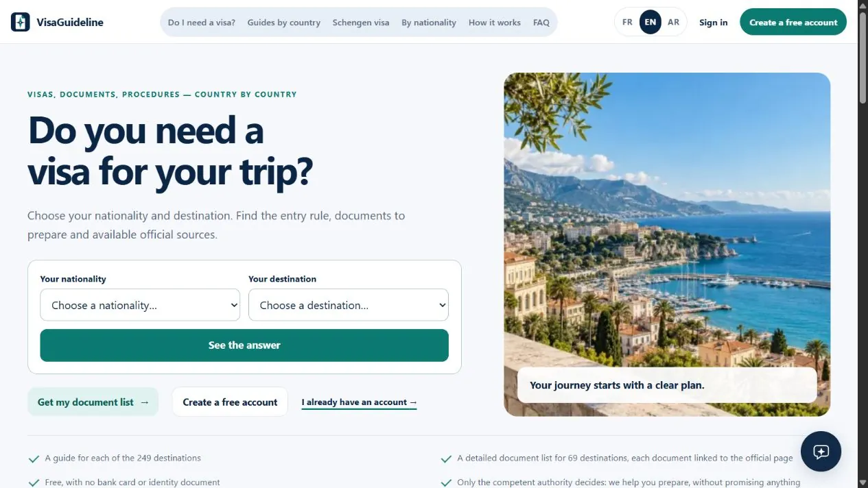 VisaGuideline homepage with nationality and destination tools for visa preparation.